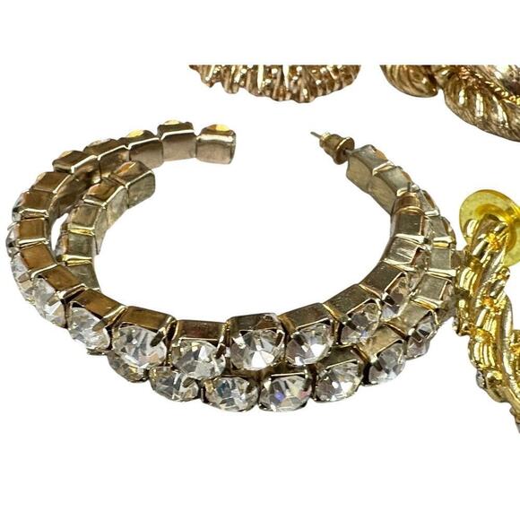 80s VTG Jewelry Lot 7 pr earrings 1 bracelet Gold Tone Rhinestones Hoops Hearts - Picture 8 of 10